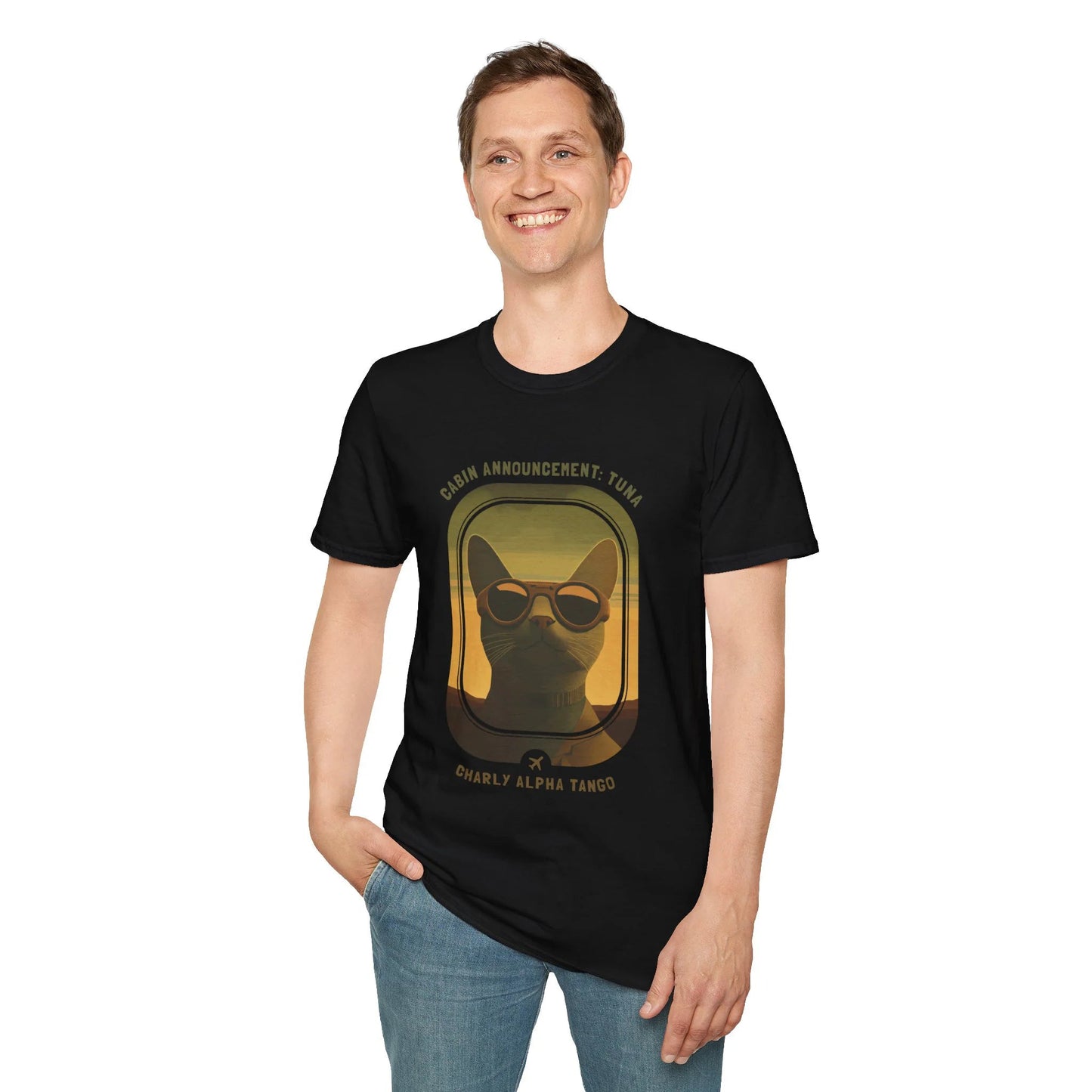 Cabin Announcement: Tuna - Soaring Cat T-Shirt Black Standing