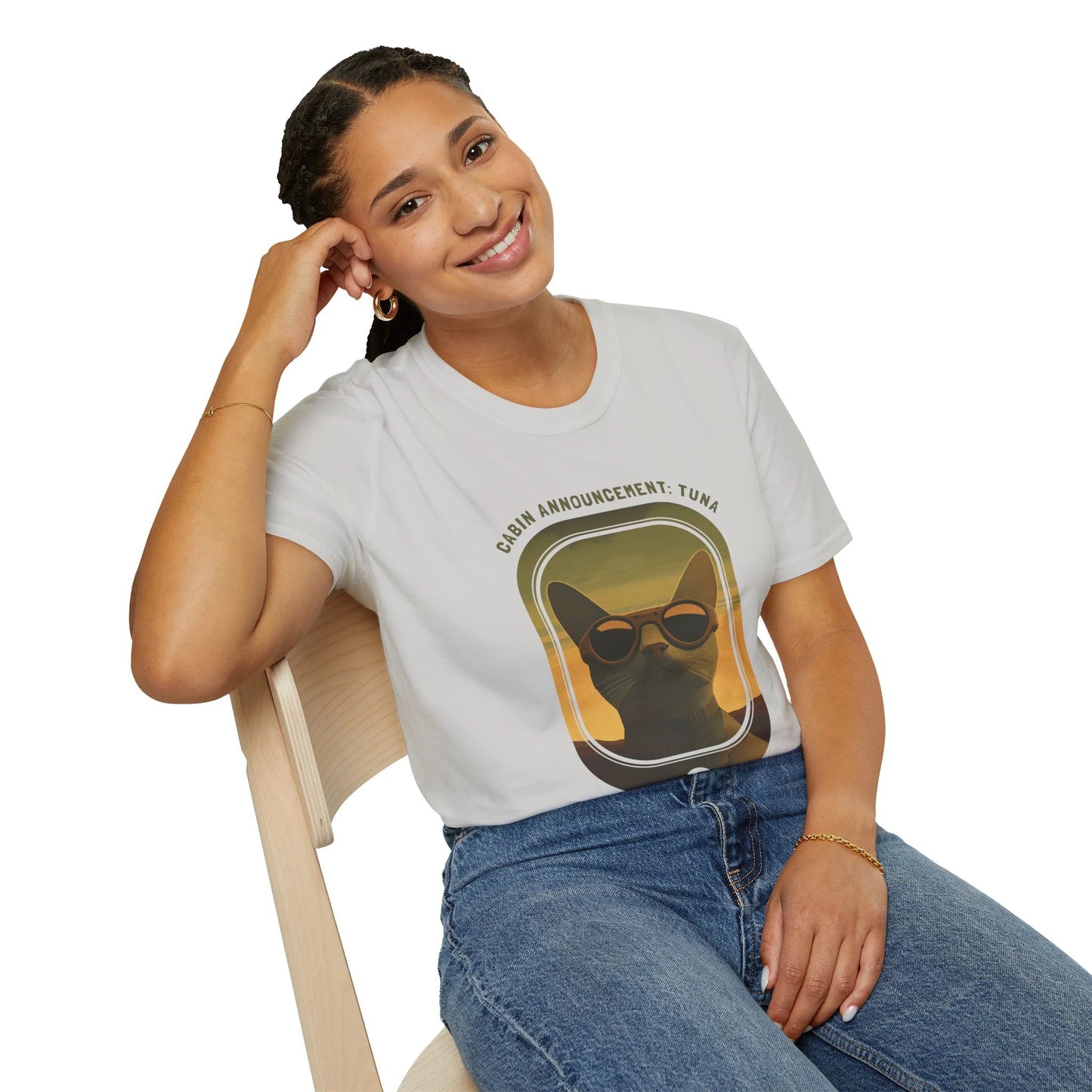 Cabin Announcement: Tuna - Soaring Cat T-Shirt Ice Grey Sitting