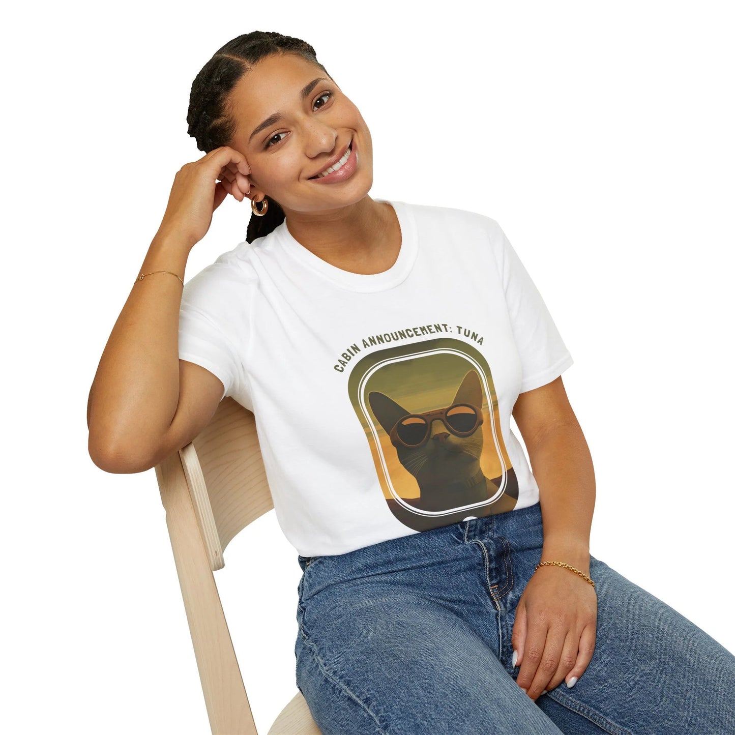 Cabin Announcement: Tuna - Soaring Cat T-Shirt White Sitting