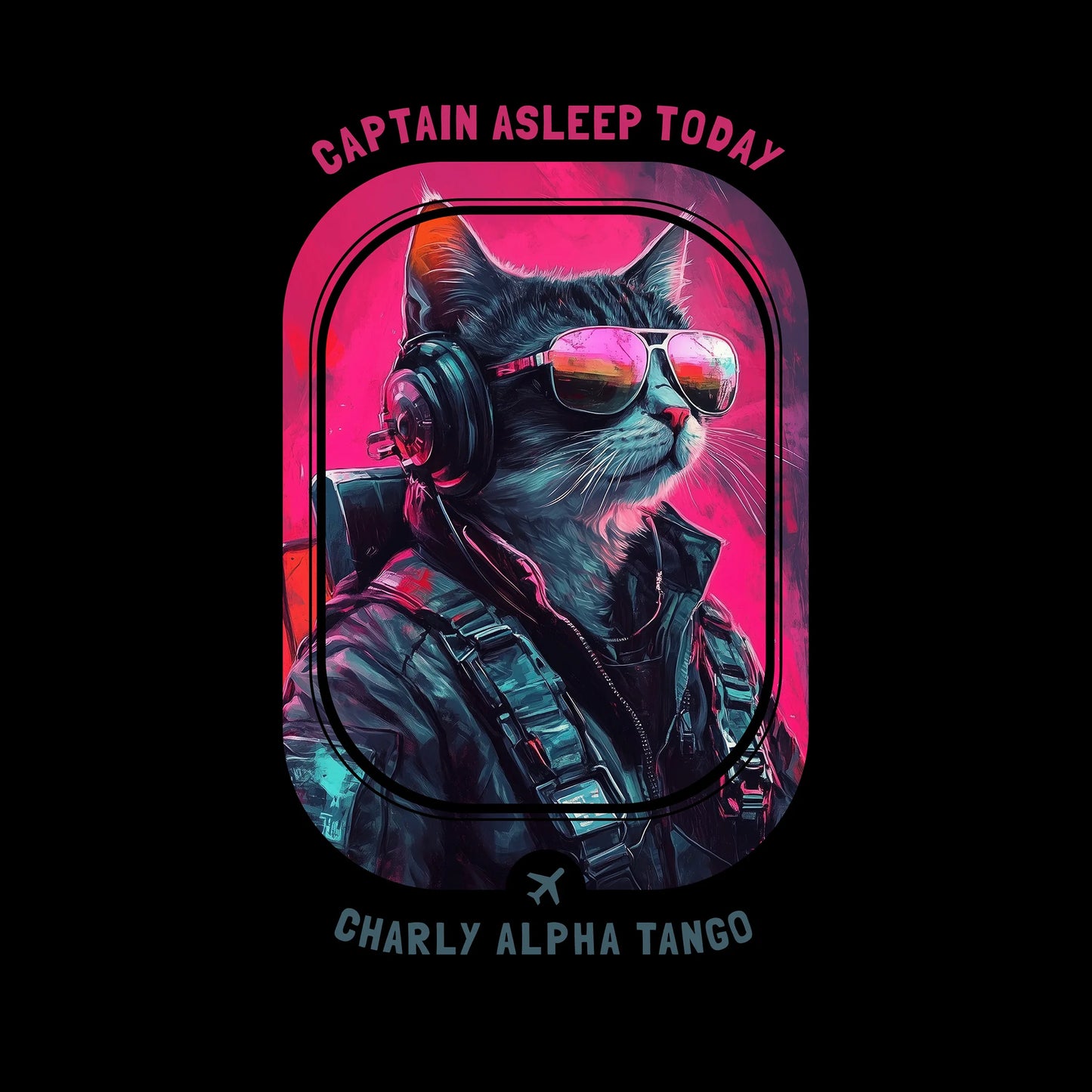 Captain Asleep Today - Soaring Cat T-Shirt Black Artwork
