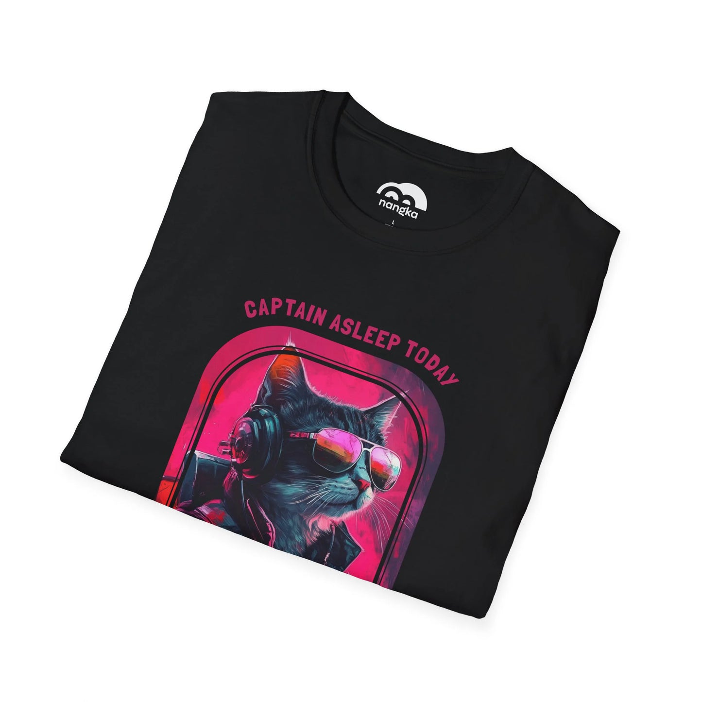 Captain Asleep Today - Soaring Cat T-Shirt Black Folded