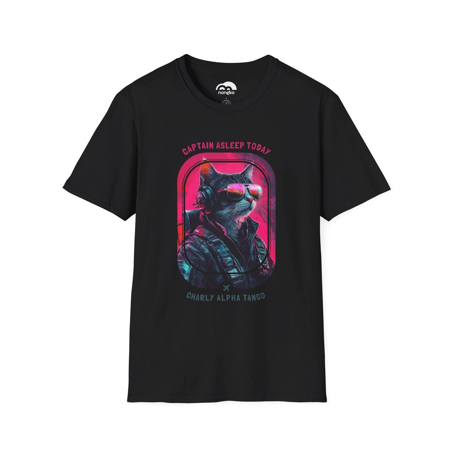 Captain Asleep Today - Soaring Cat T-Shirt Black Front