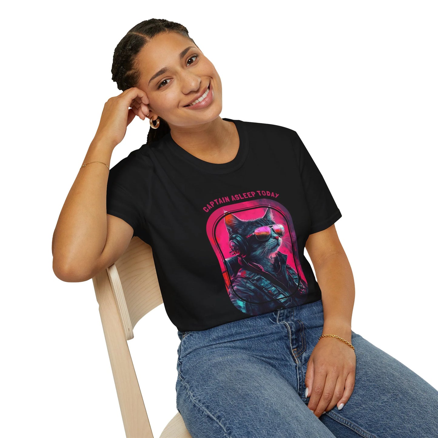 Captain Asleep Today - Soaring Cat T-Shirt Black Sitting