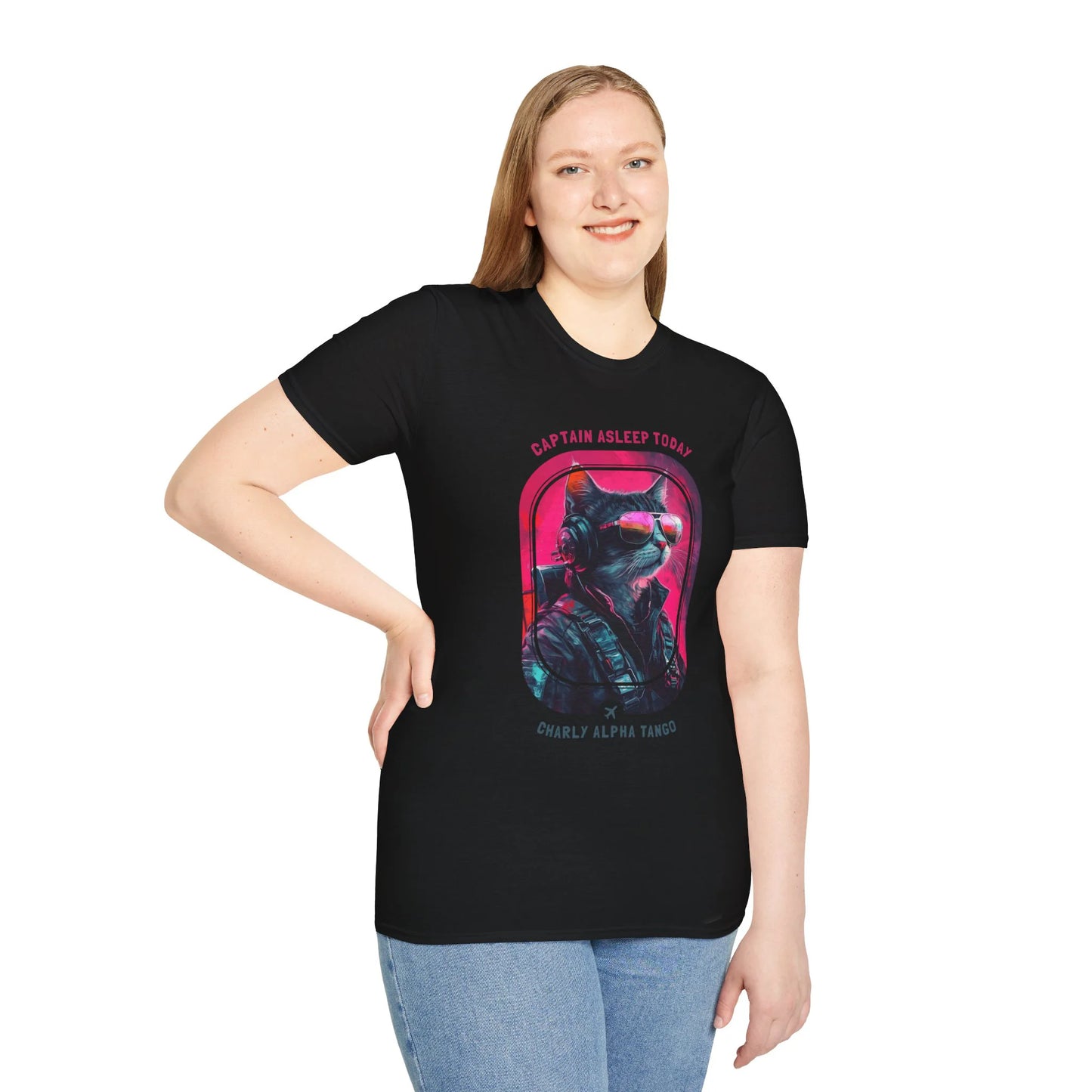 Captain Asleep Today - Soaring Cat T-Shirt Black Standing