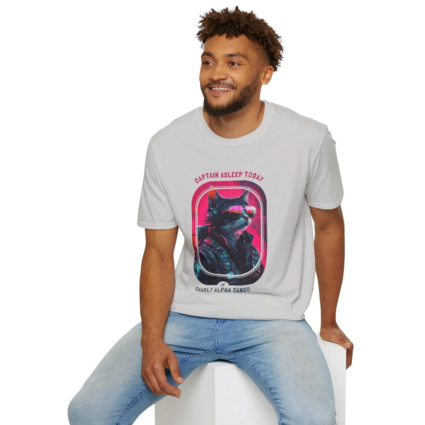 Captain Asleep Today - Soaring Cat T-Shirt Ice Grey Context
