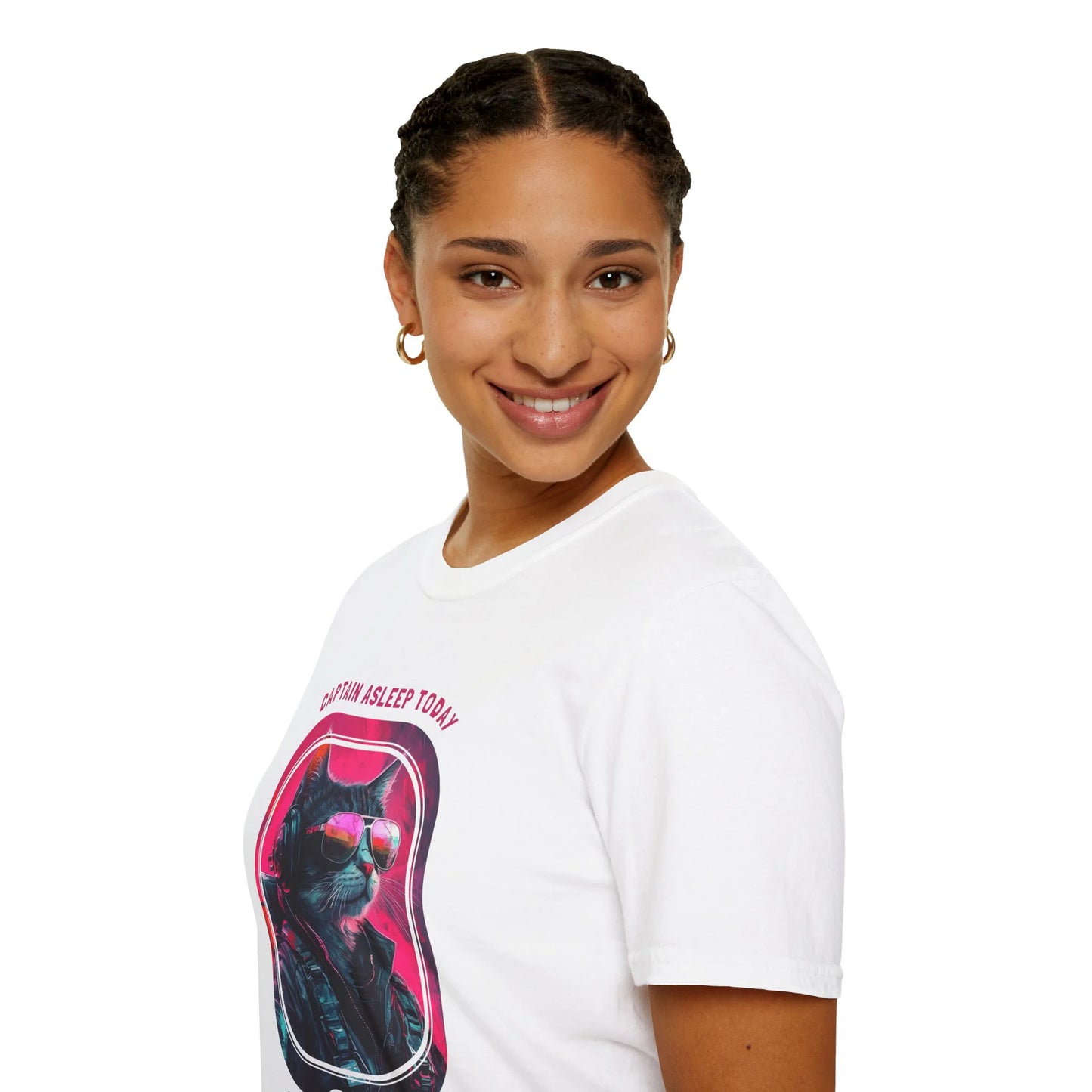 Captain Asleep Today - Soaring Cat T-Shirt White Left Sleeve