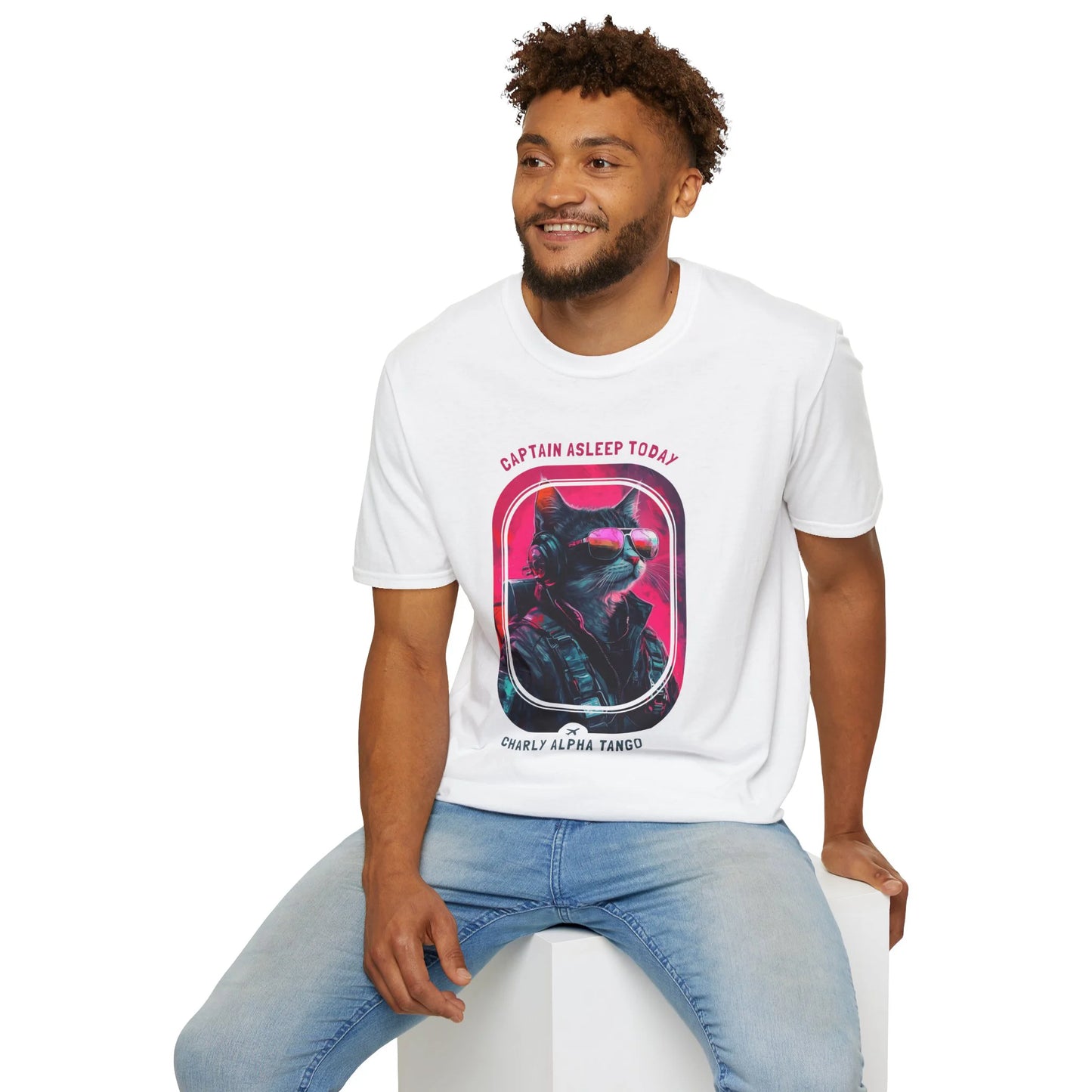 Captain Asleep Today - Soaring Cat T-Shirt White Sitting