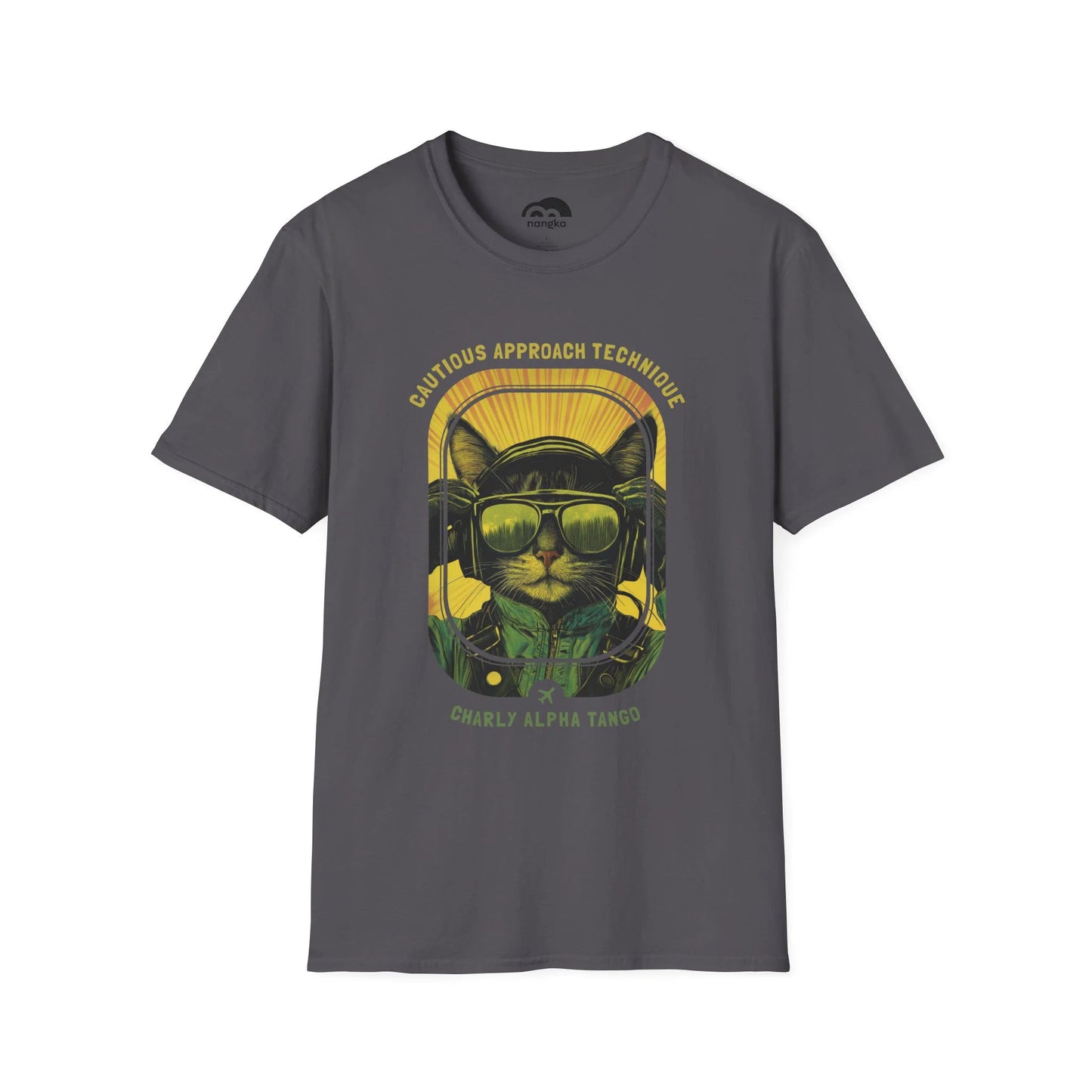 Cautious Approach Technique - Soaring Cat T-Shirt Charcoal Front