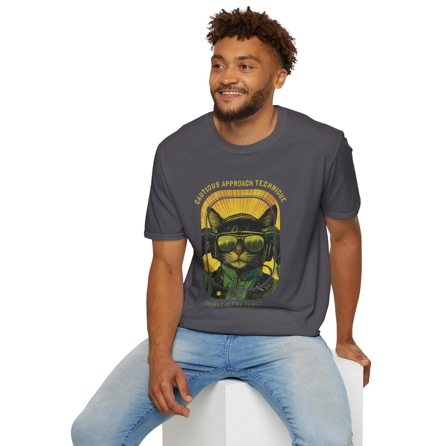 Cautious Approach Technique - Soaring Cat T-Shirt Charcoal Sitting