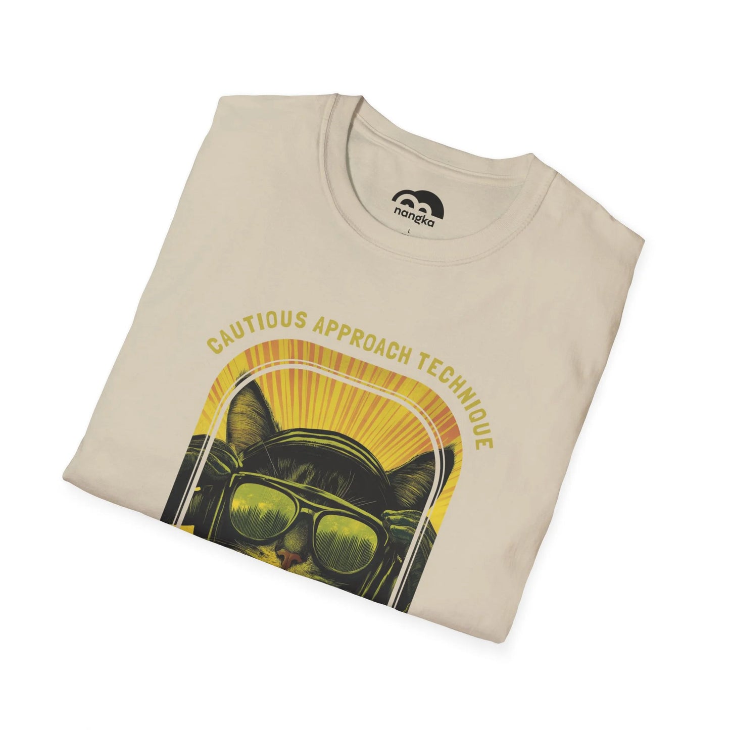 Cautious Approach Technique - Soaring Cat T-Shirt Sand Folded