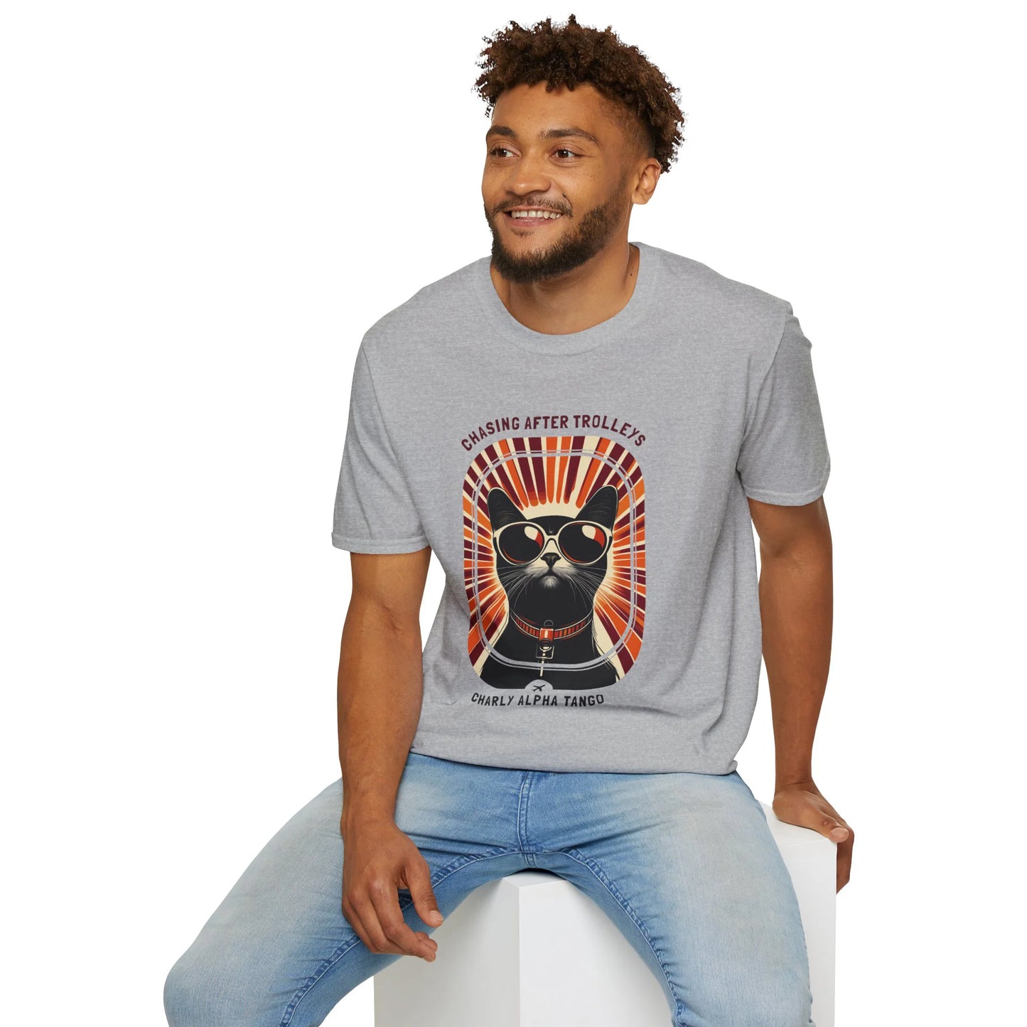 Chasing After Trolleys - Soaring Cat T-Shirt Sport Grey Sitting