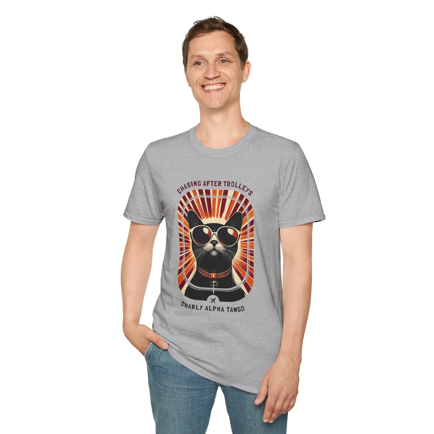 Chasing After Trolleys - Soaring Cat T-Shirt Sport Grey Standing