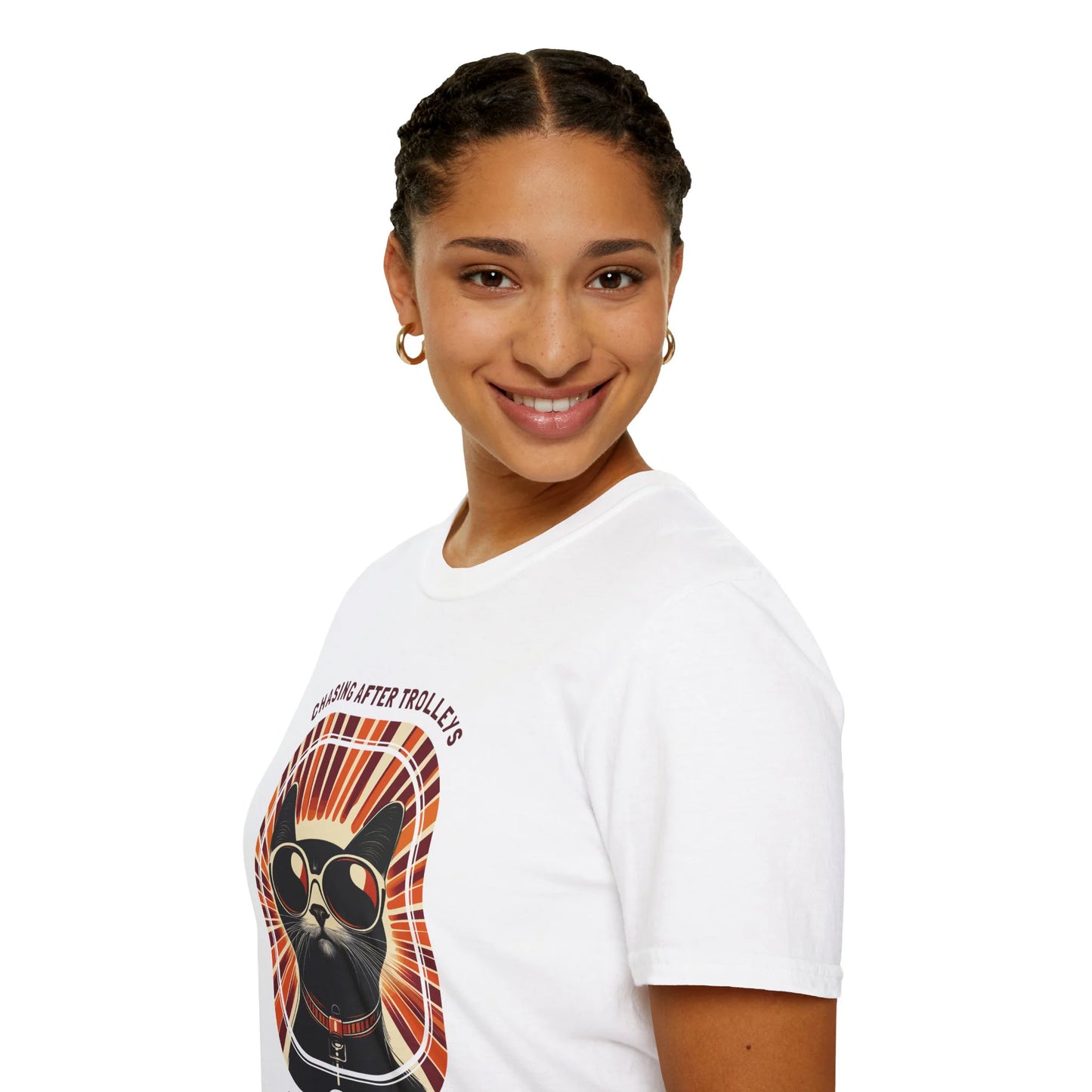 Chasing After Trolleys - Soaring Cat T-Shirt White Left Sleeve