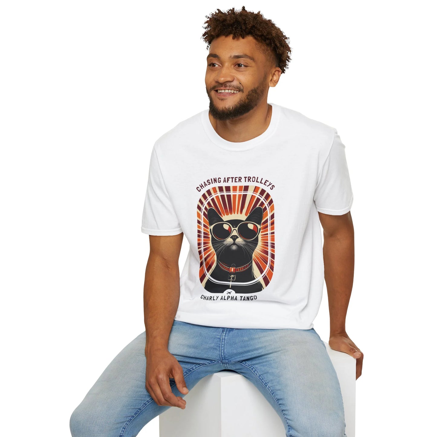 Chasing After Trolleys - Soaring Cat T-Shirt White Sitting