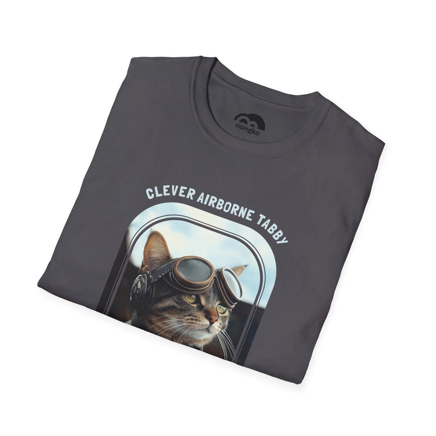Clever Airborne Tabby - Soaring Cat T-Shirt Charcoal Folded