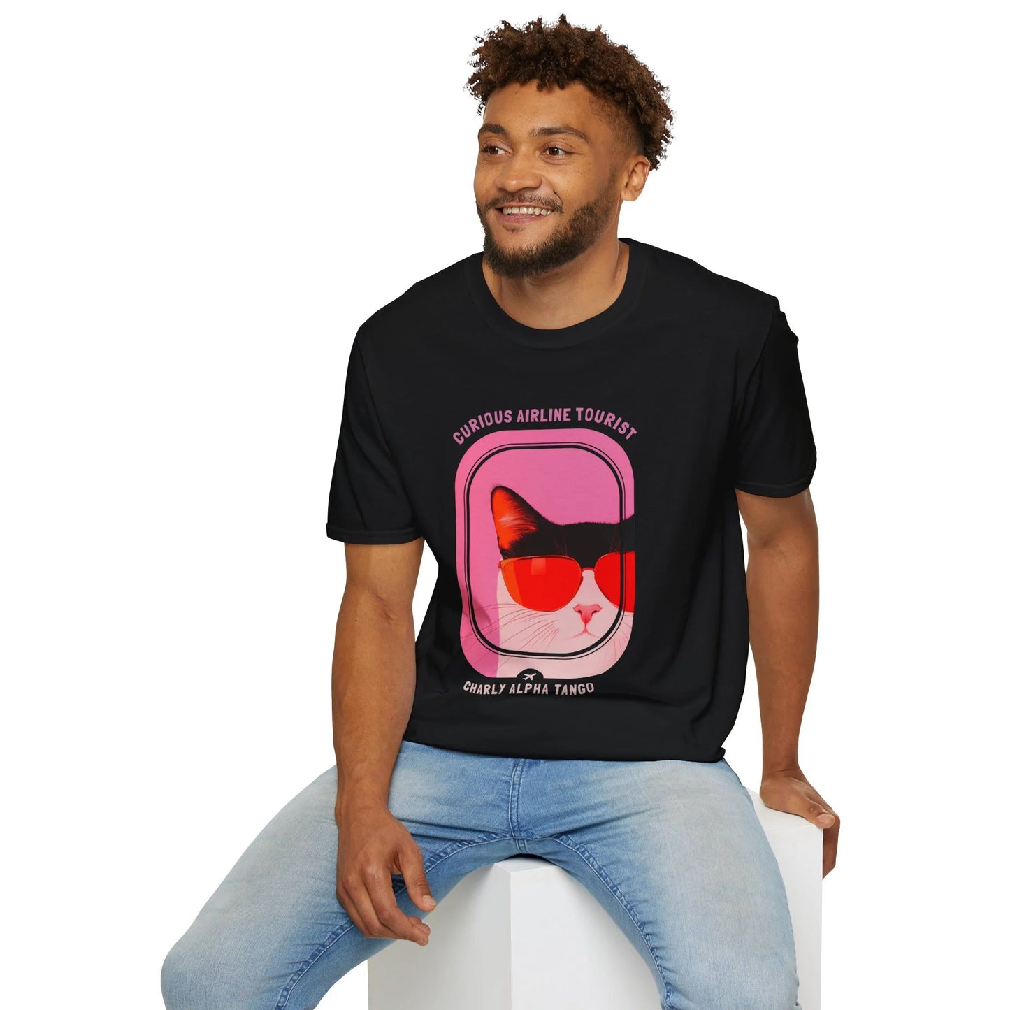 Curious Airline Tourist - Soaring Cat T-Shirt Black Sitting