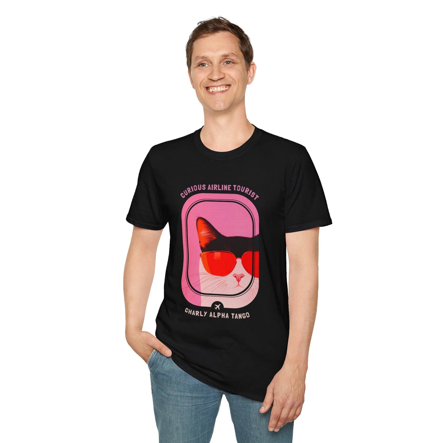 Curious Airline Tourist - Soaring Cat T-Shirt Black Standing