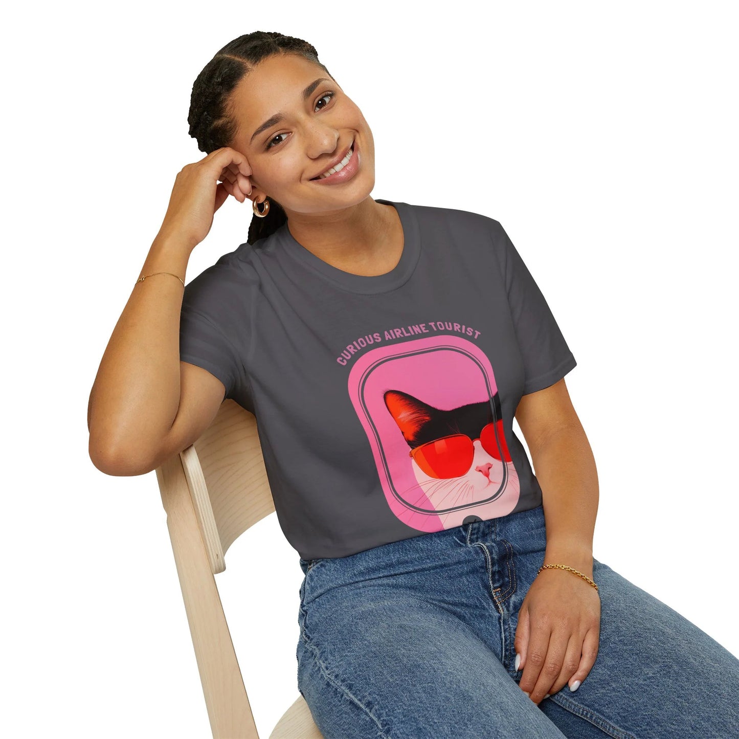 Curious Airline Tourist - Soaring Cat T-Shirt Charcoal Sitting