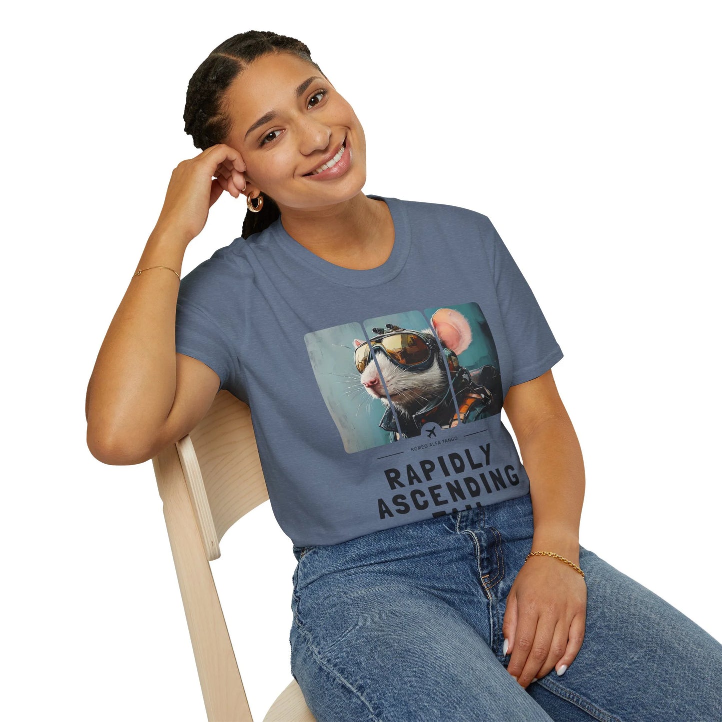 Rapidly Ascending Tail - Runway Rodent T-Shirt Heather Indigo Sitting