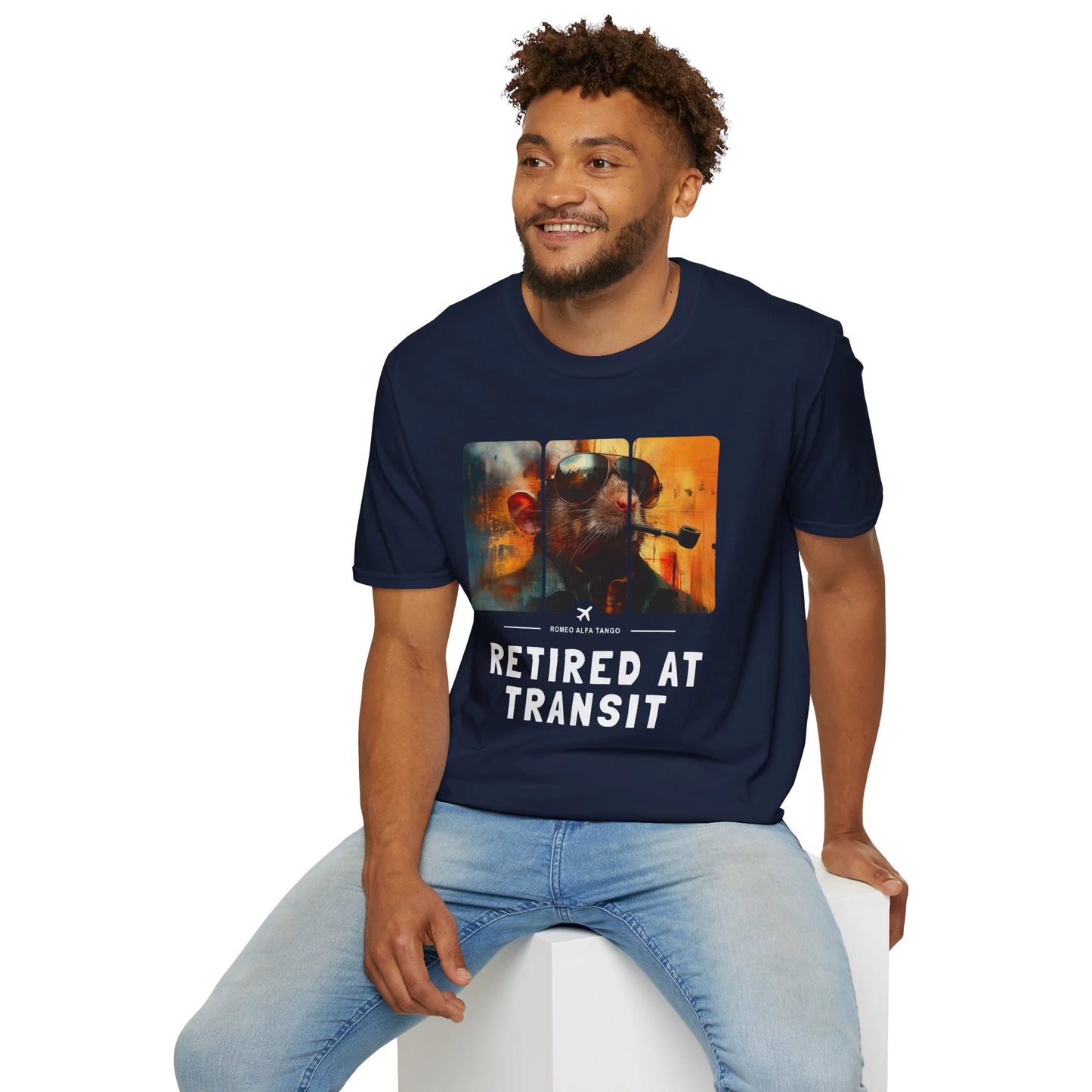 Retired at Transit - Runway Rodent T-Shirt Navy Blue Sitting