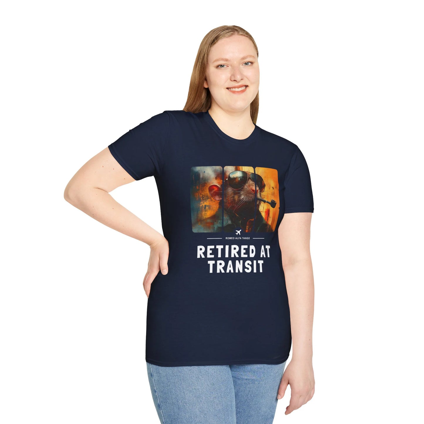 Retired at Transit - Runway Rodent T-Shirt Navy Blue Standing