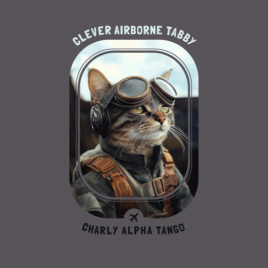 Clever Airborne Tabby - Soaring Cat T-Shirt Charcoal Artwork