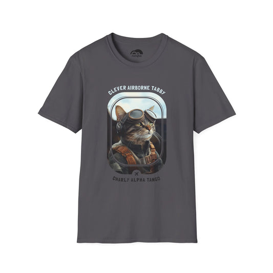 Clever Airborne Tabby - Soaring Cat T-Shirt Charcoal Front