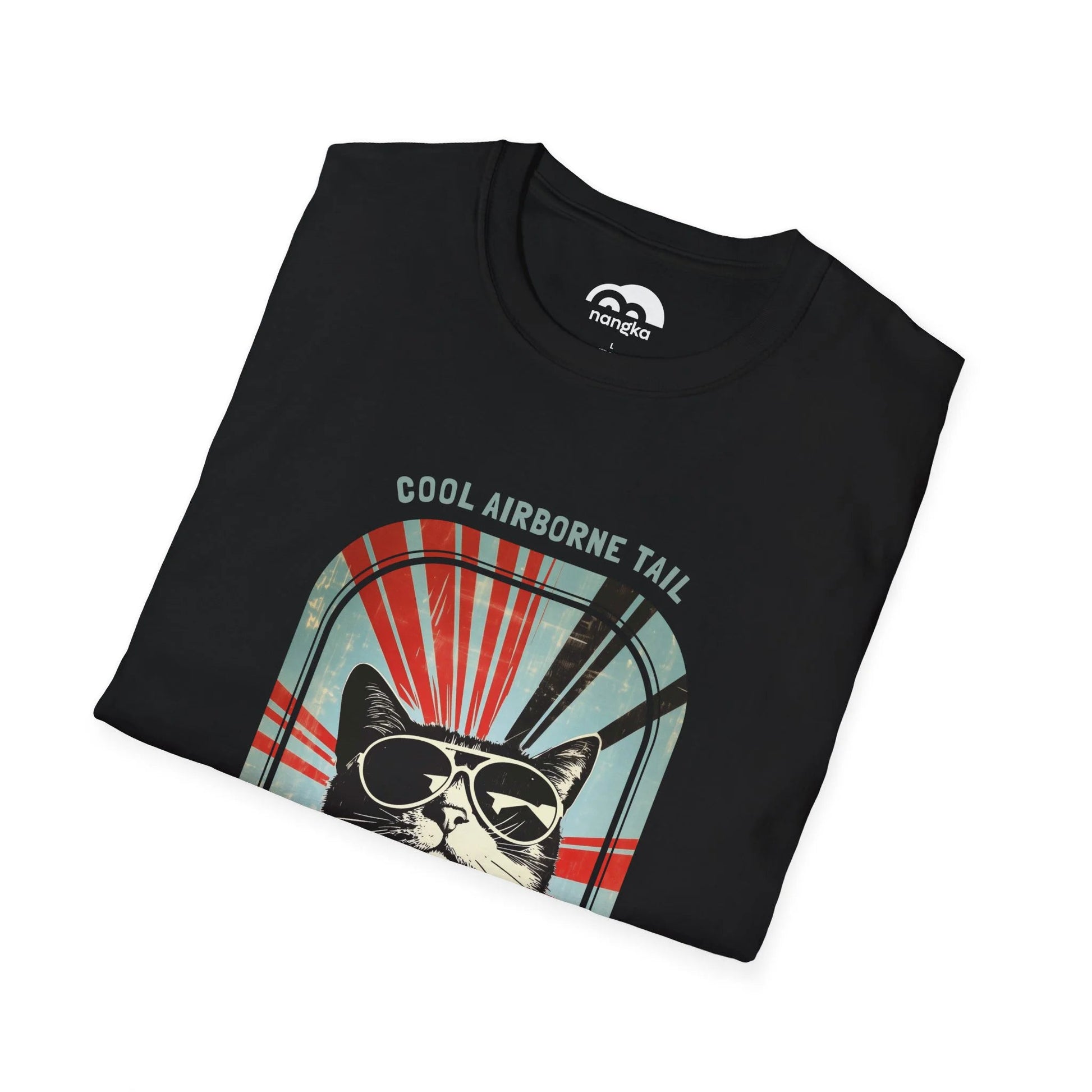 Cool Airborne Tail - Soaring Cat T-Shirt Black Folded