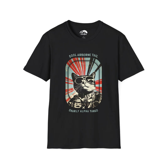 Cool Airborne Tail - Soaring Cat T-Shirt Black Front