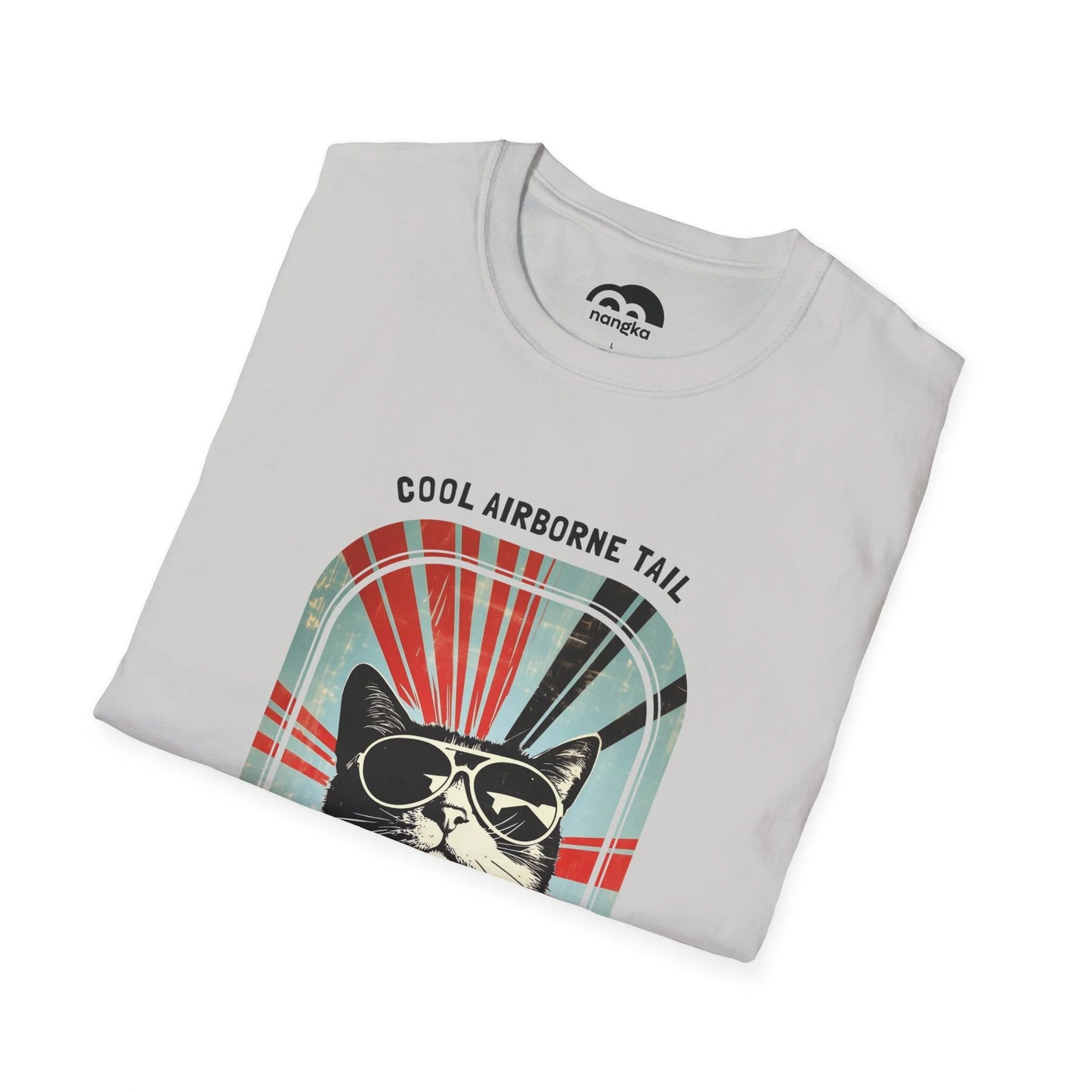 Cool Airborne Tail - Soaring Cat T-Shirt Ice Grey Folded