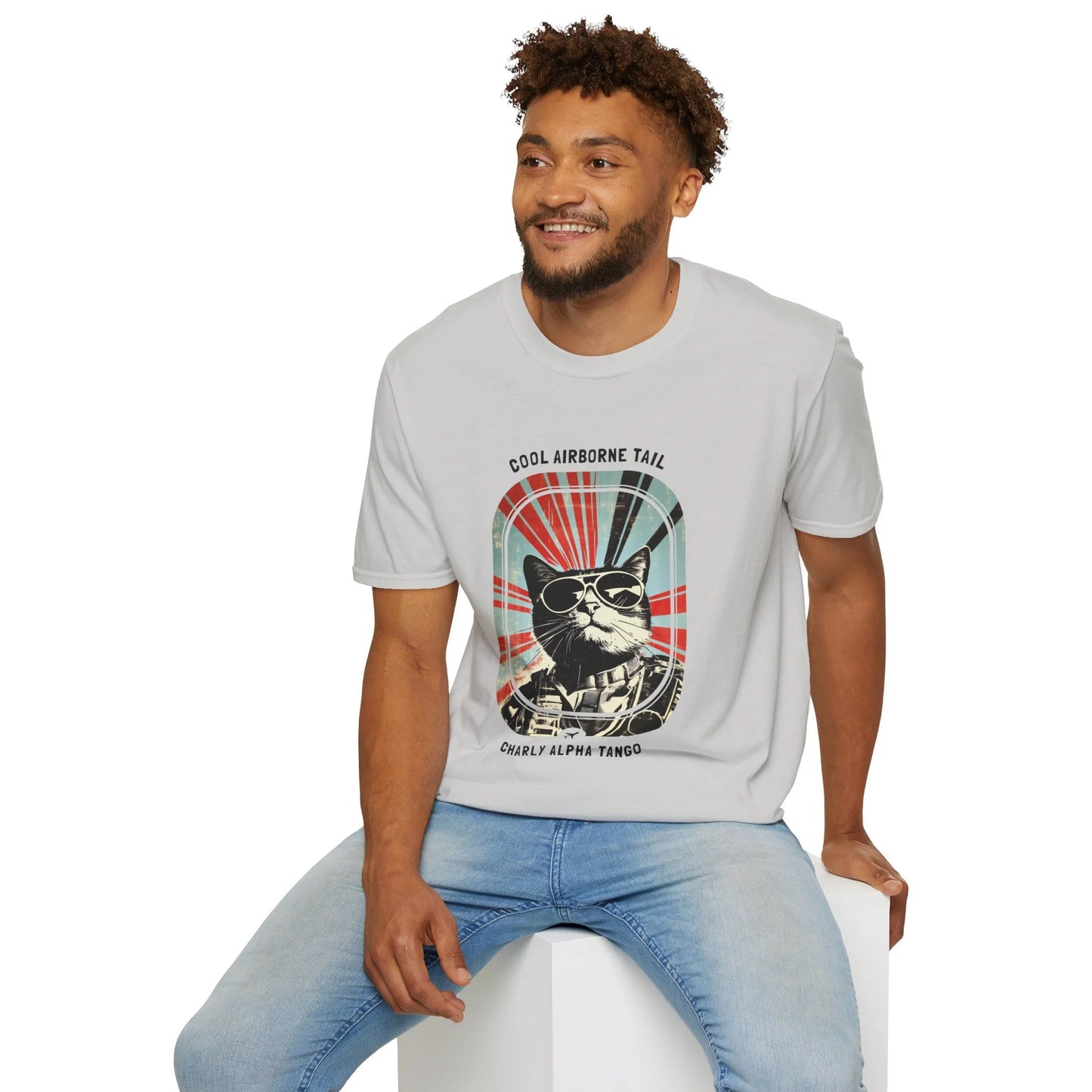 Cool Airborne Tail - Soaring Cat T-Shirt Ice Grey Sitting