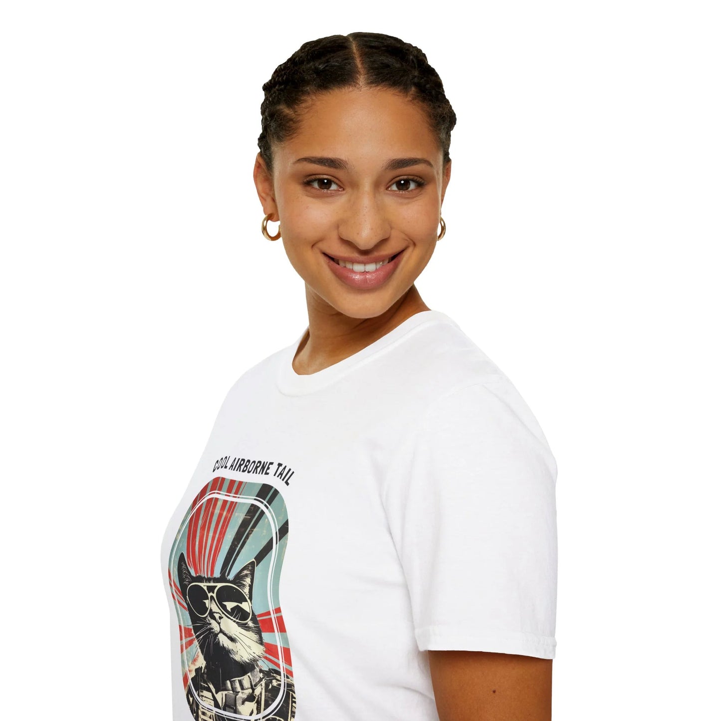 Cool Airborne Tail - Soaring Cat T-Shirt White Left Sleeve