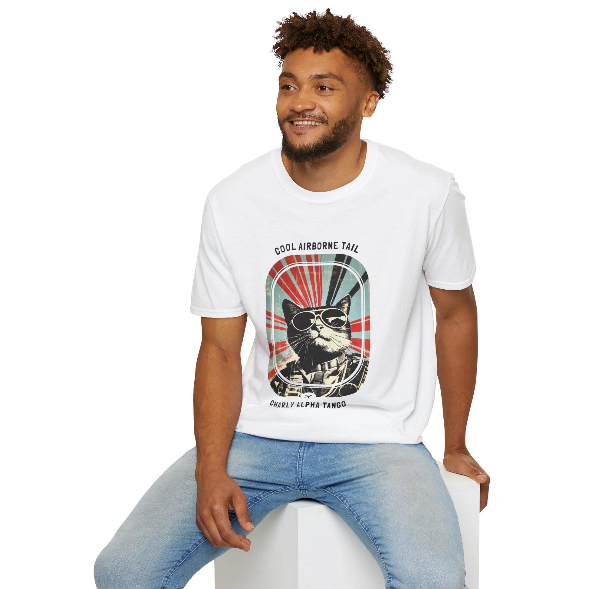 Cool Airborne Tail - Soaring Cat T-Shirt White Sitting