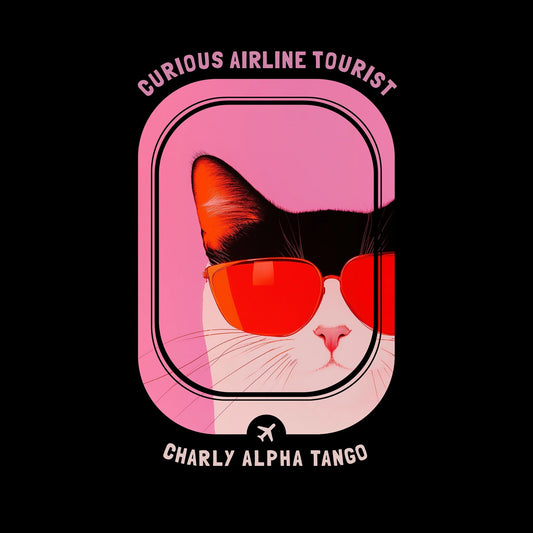 Curious Airline Tourist - Soaring Cat T-Shirt Black Artwork